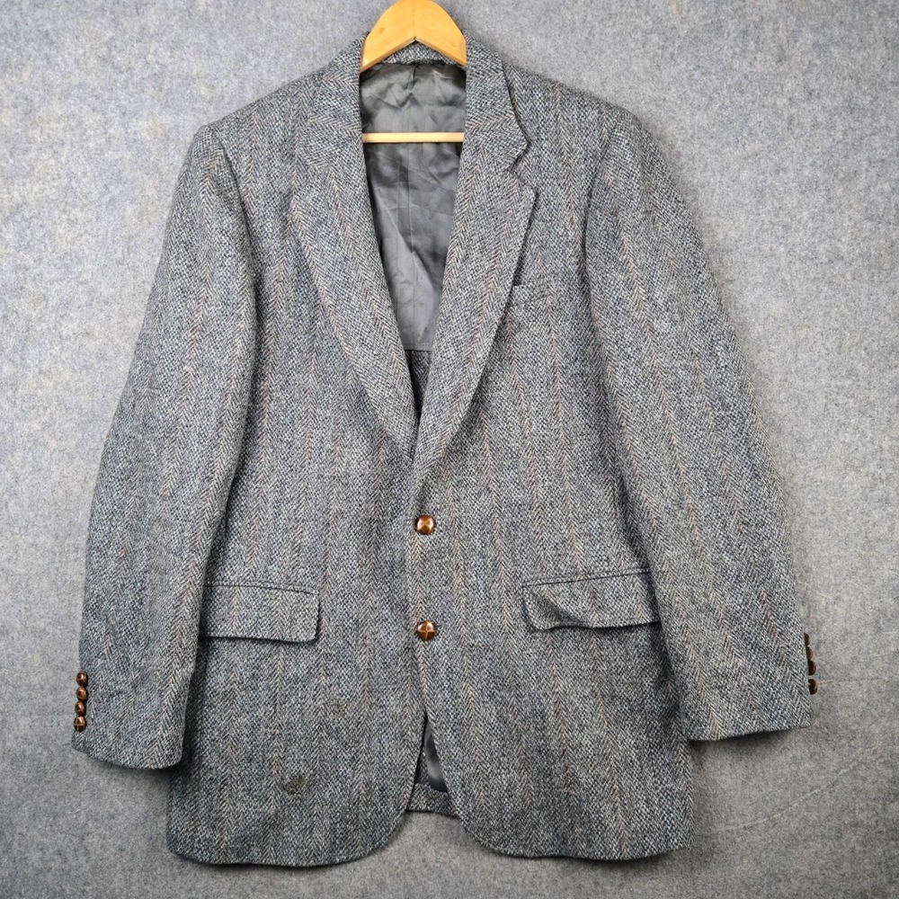 Vintage Harris Tweed Blazer Mens 44 Long Gray Herringbone Wool Sport Coat Jacket